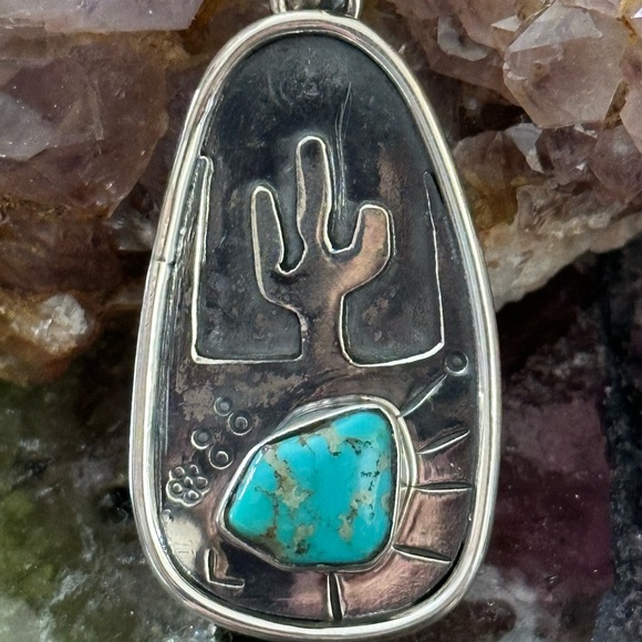 Turquoise nugget cactus desert sterling silver pendant - Picture 3 of 4